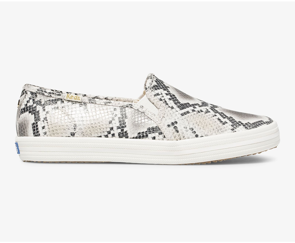 Womens Keds Slip Ons - Kate Spade new york Double Decker Snake Leather - White/Black - 1438-CSANL